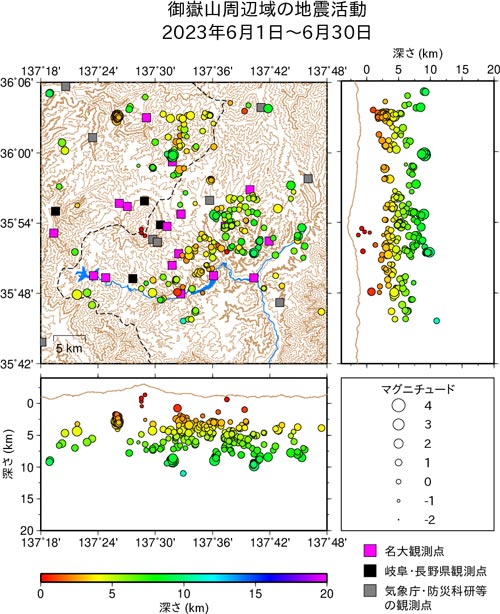 御嶽山周辺域の地震活動/2023年6月1日〜6月30日