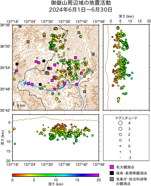 御嶽山周辺域の地震活動/2024年6月1日〜6月30日